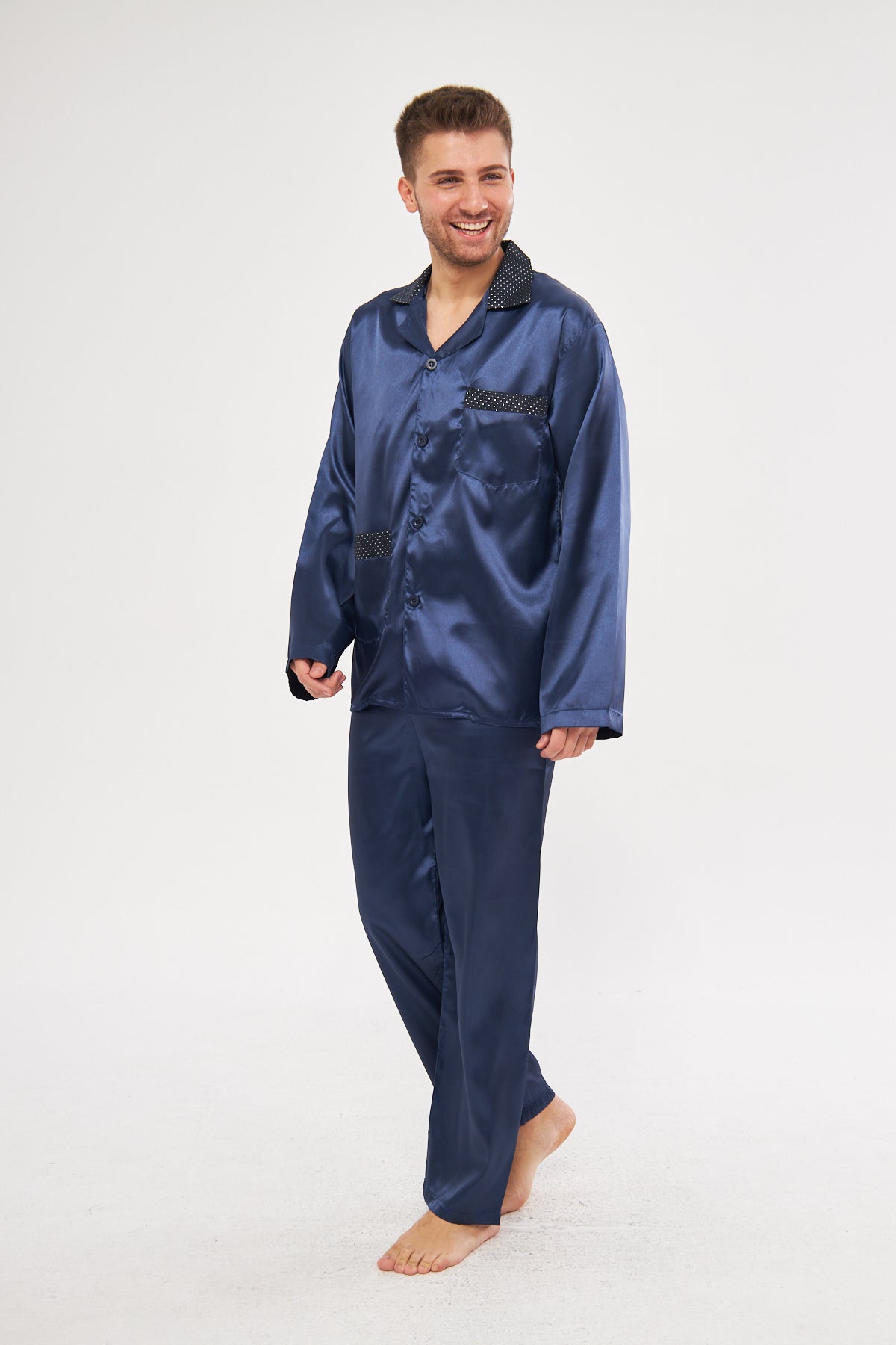 Erkek Yakalı İpek Saten Pijama Takımı 4'lü Damat Çeyiz Seti - Ropman - Lacivert