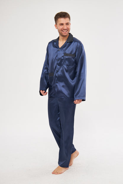 Erkek Yakalı İpek Saten Pijama Takımı 4'lü Damat Çeyiz Seti - Ropman - Lacivert