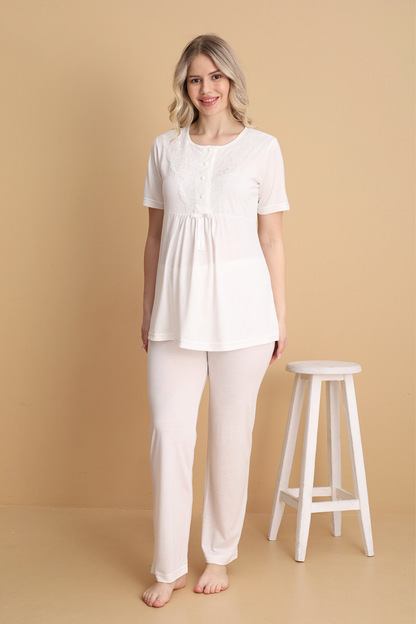 Ekru Kısa Kollu Lohusa Pijama Takımı 3'Lü Set