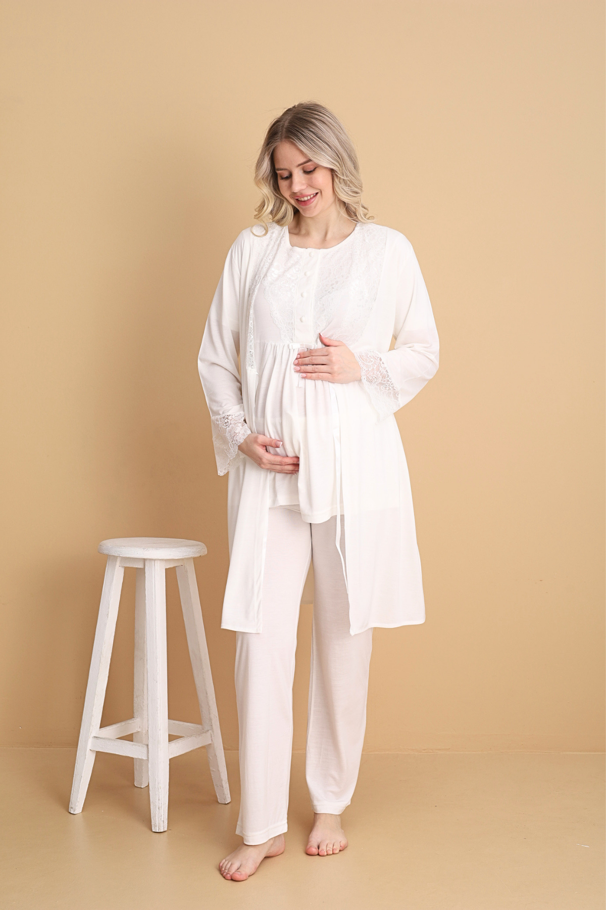 Ekru Kısa Kollu Lohusa Pijama Takımı 3'Lü Set