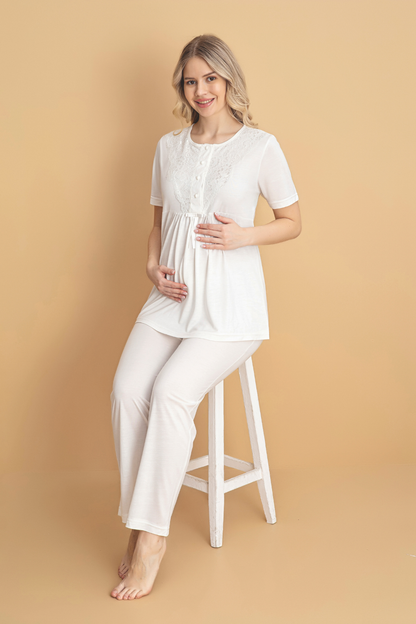 Ekru Kısa Kollu Lohusa Pijama Takımı 3'Lü Set
