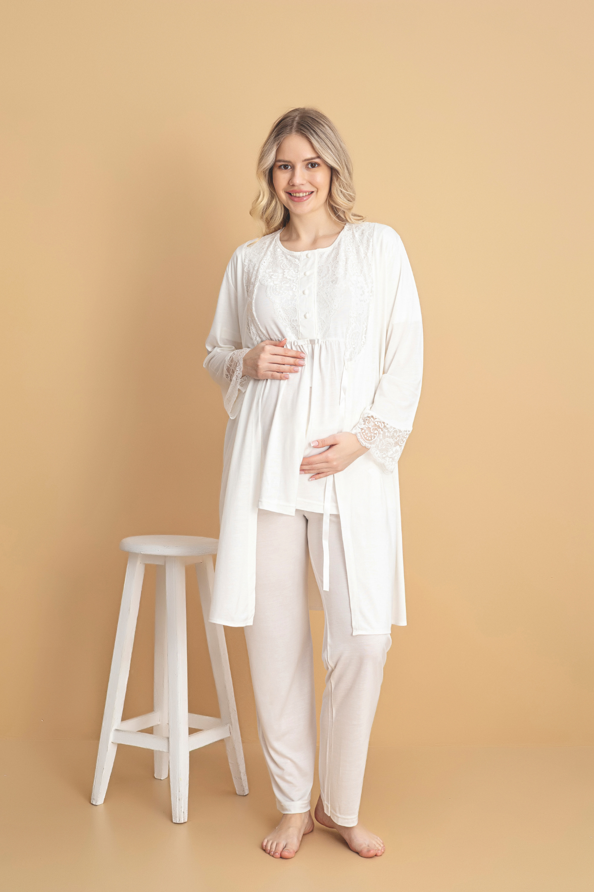 Ekru Kısa Kollu Lohusa Pijama Takımı 3'Lü Set
