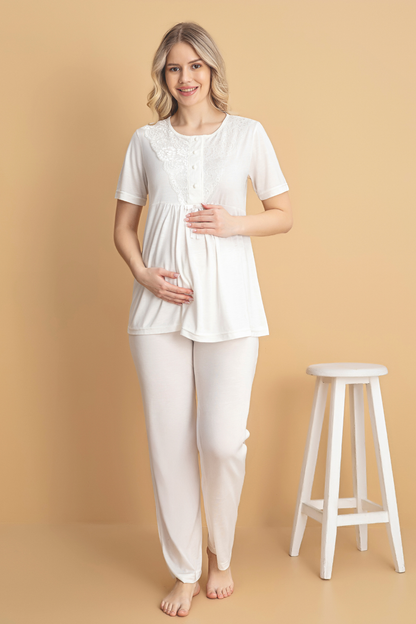 Ekru Kısa Kollu Lohusa Pijama Takımı 3'Lü Set