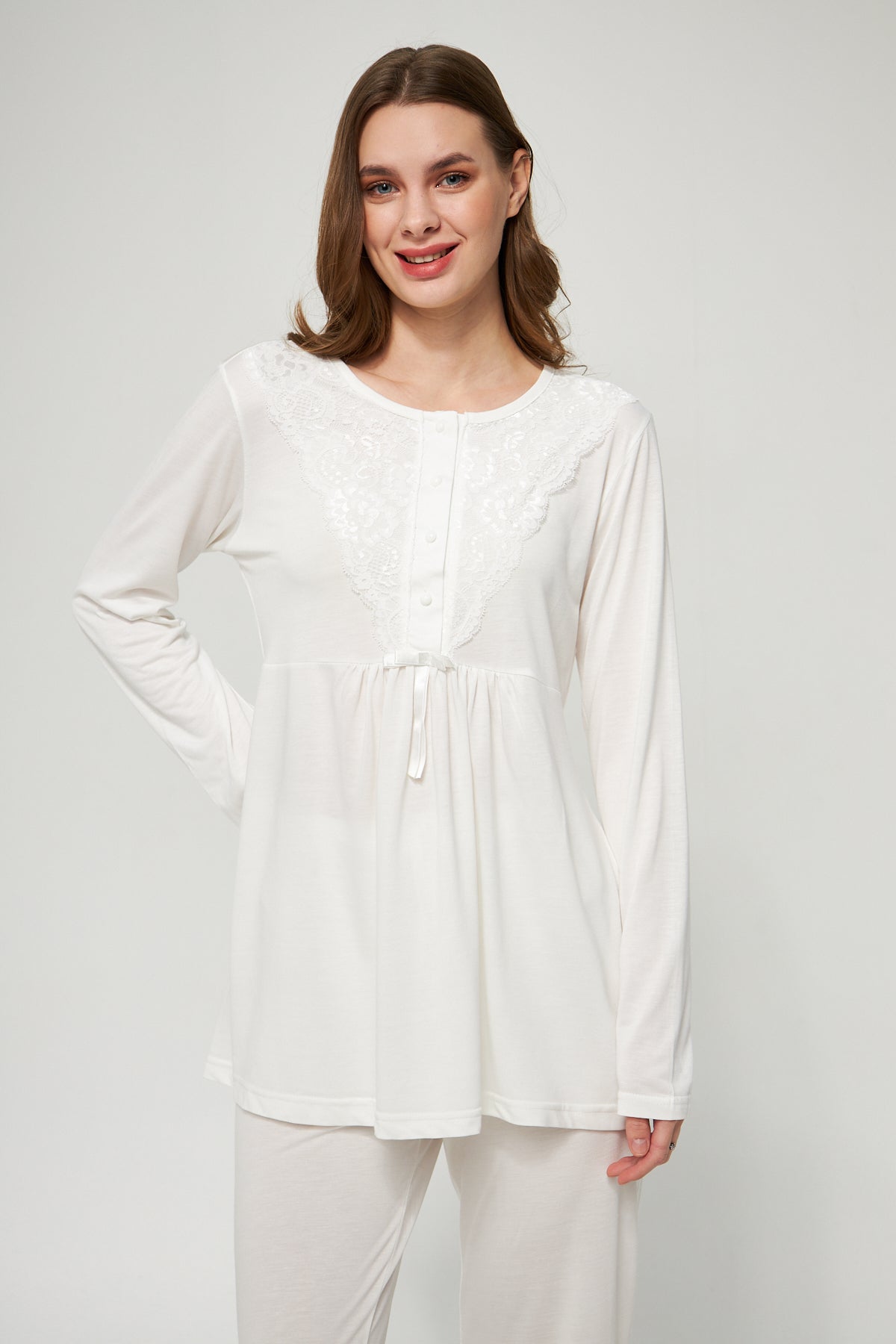Ekru Kadın Hamile ve Lohusa Pijama Takımı 3'lü Set