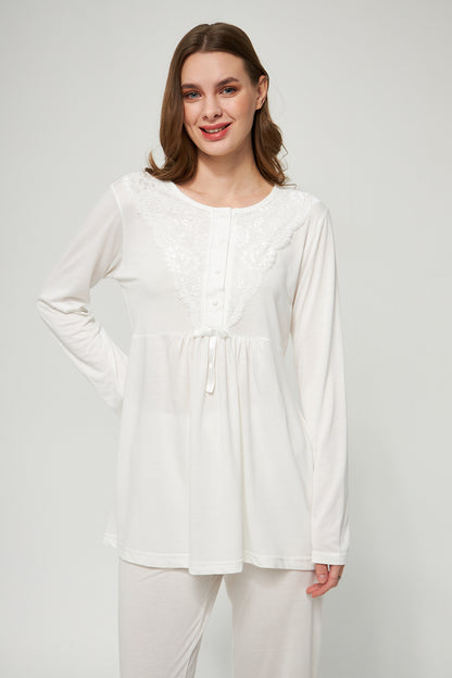 Ekru Kadın Hamile ve Lohusa Pijama Takımı 3'lü Set
