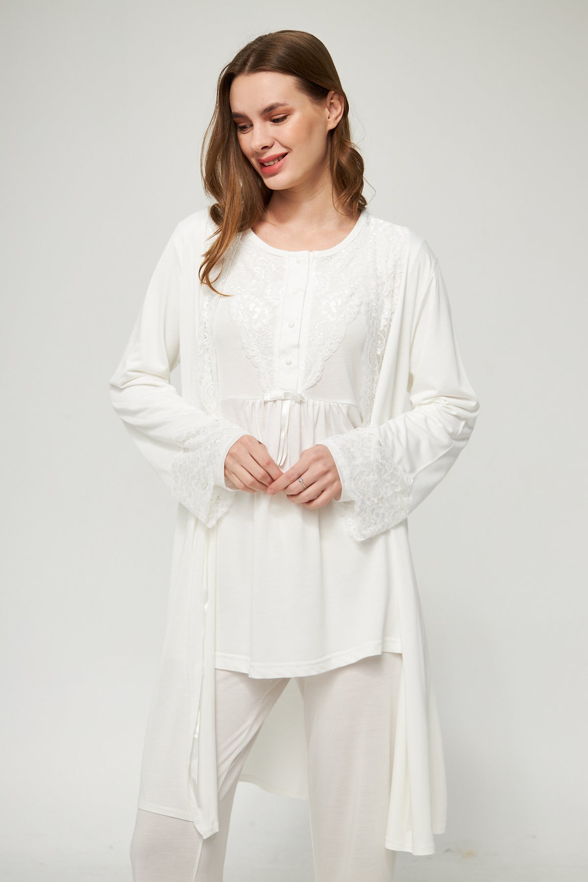 Ekru Kadın Hamile ve Lohusa Pijama Takımı 3'lü Set