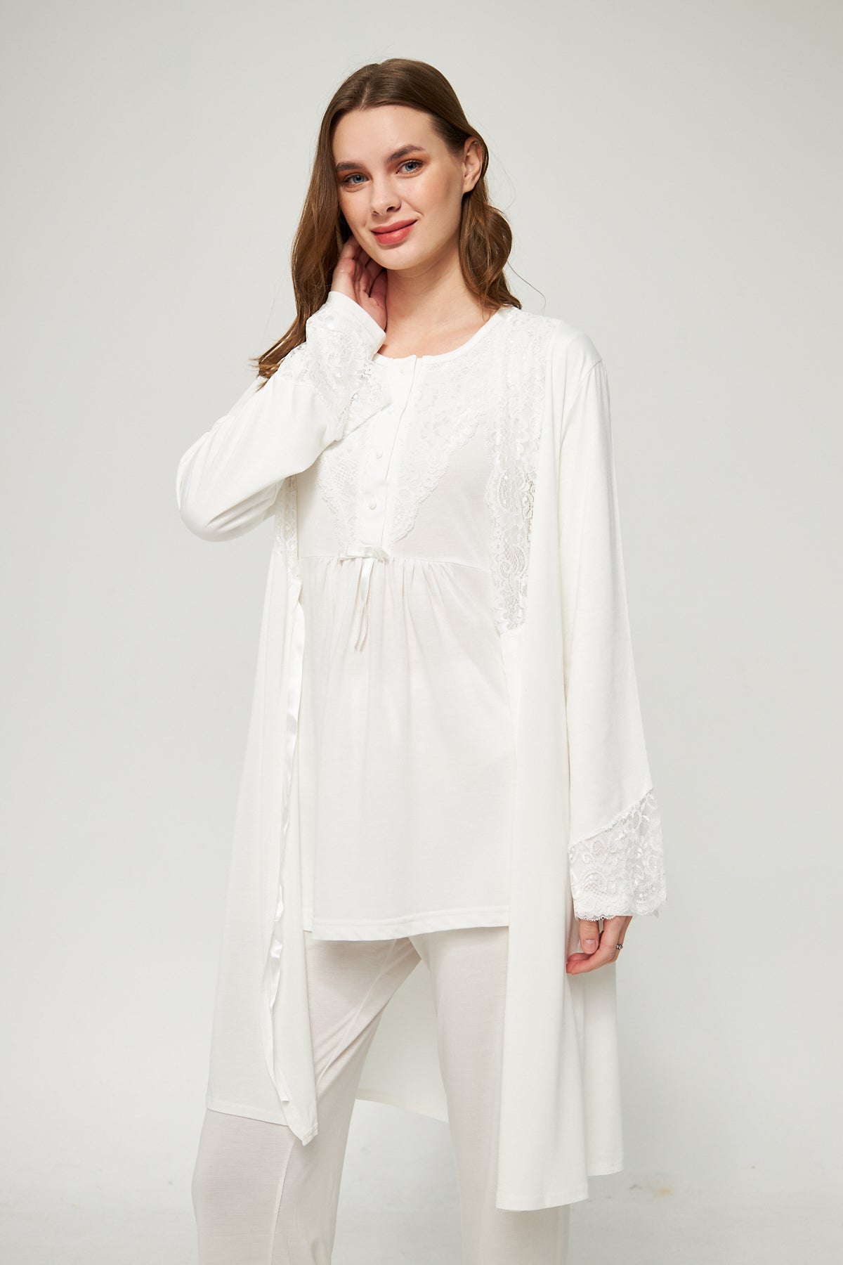 Ekru Kadın Hamile ve Lohusa Pijama Takımı 3'lü Set