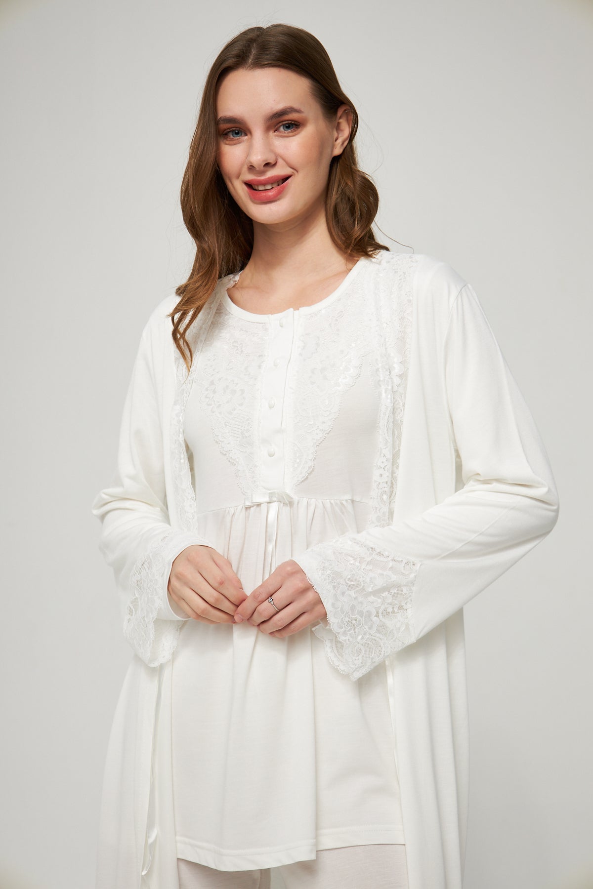 Ekru Kadın Hamile ve Lohusa Pijama Takımı 3'lü Set