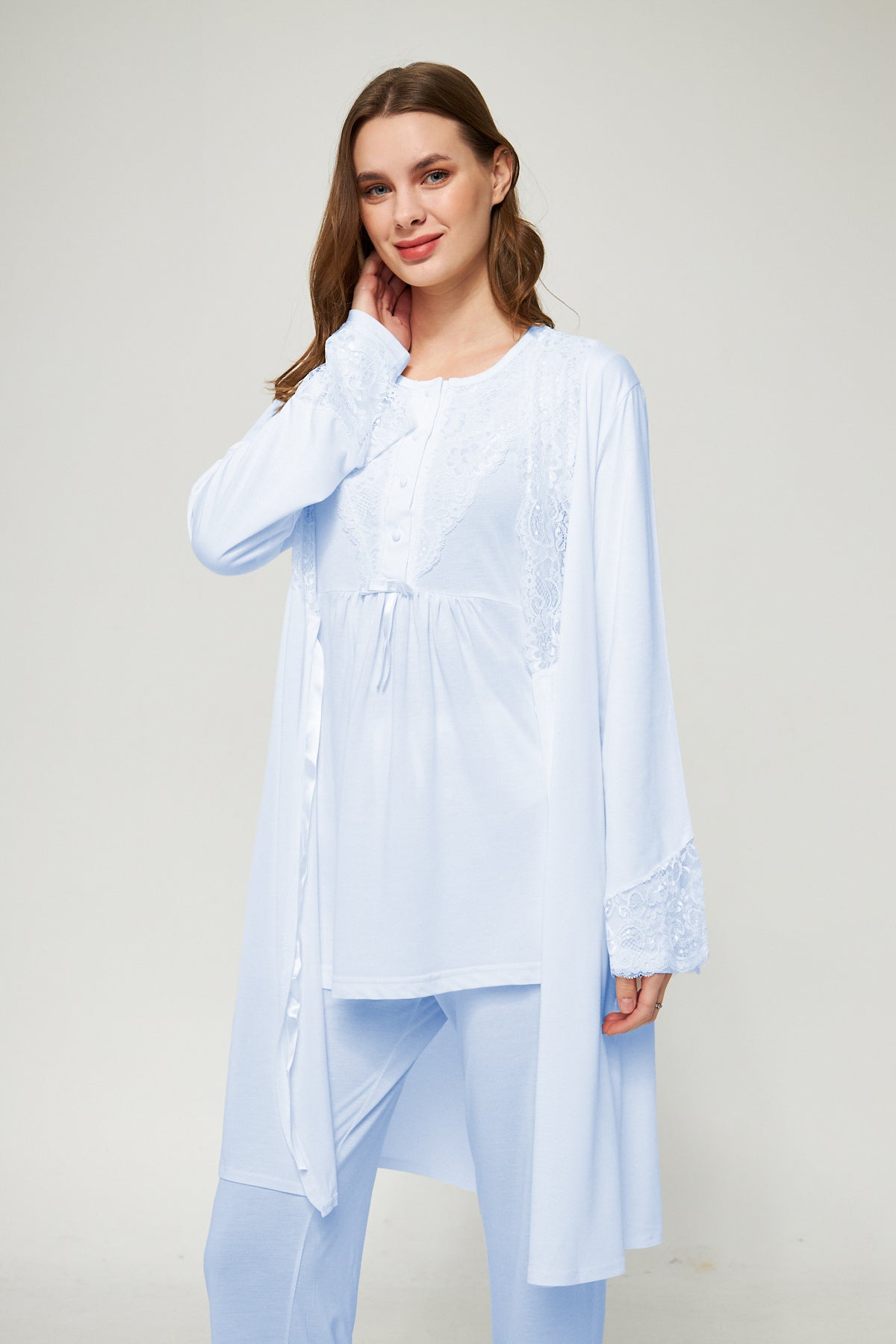 Ekru Kadın Hamile ve Lohusa Pijama Takımı 3'lü Set - Mavi