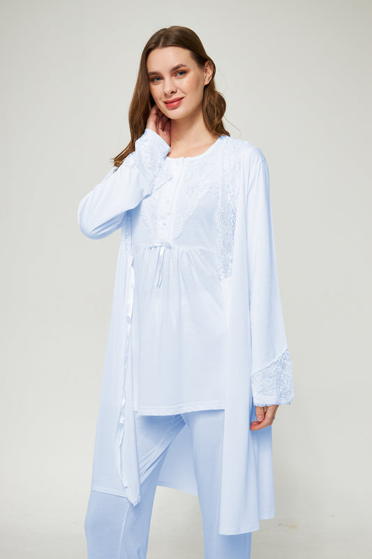 Ekru Kadın Hamile ve Lohusa Pijama Takımı 3'lü Set - Mavi
