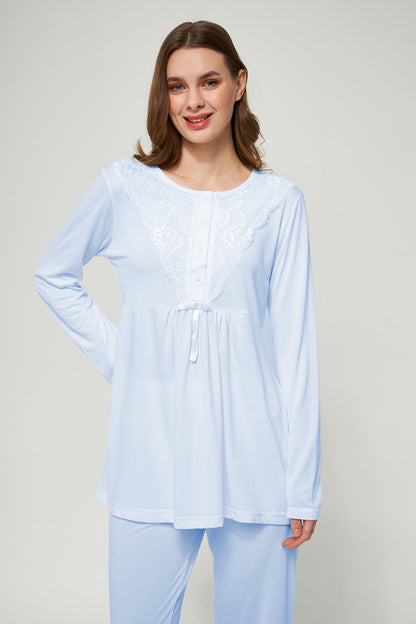Ekru Kadın Hamile ve Lohusa Pijama Takımı 3'lü Set - Mavi