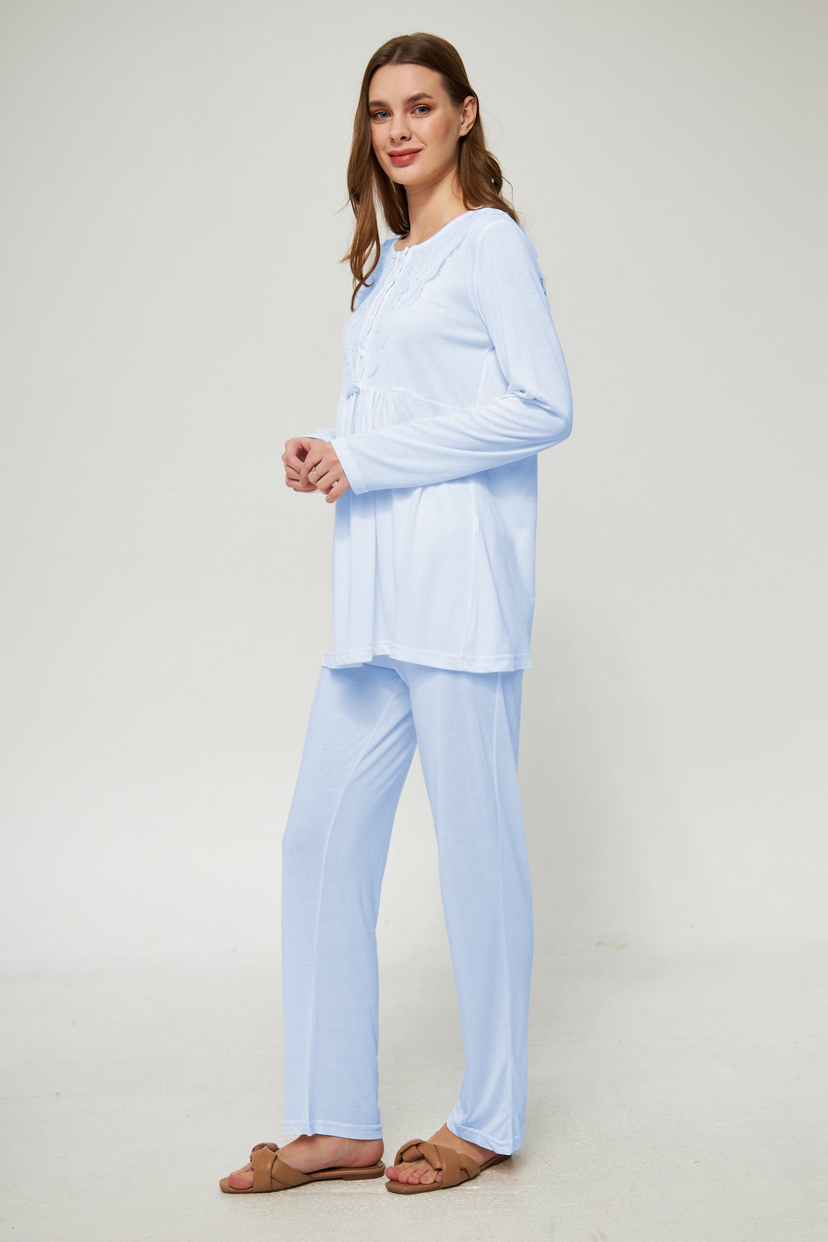 Ekru Kadın Hamile ve Lohusa Pijama Takımı 3'lü Set - Mavi