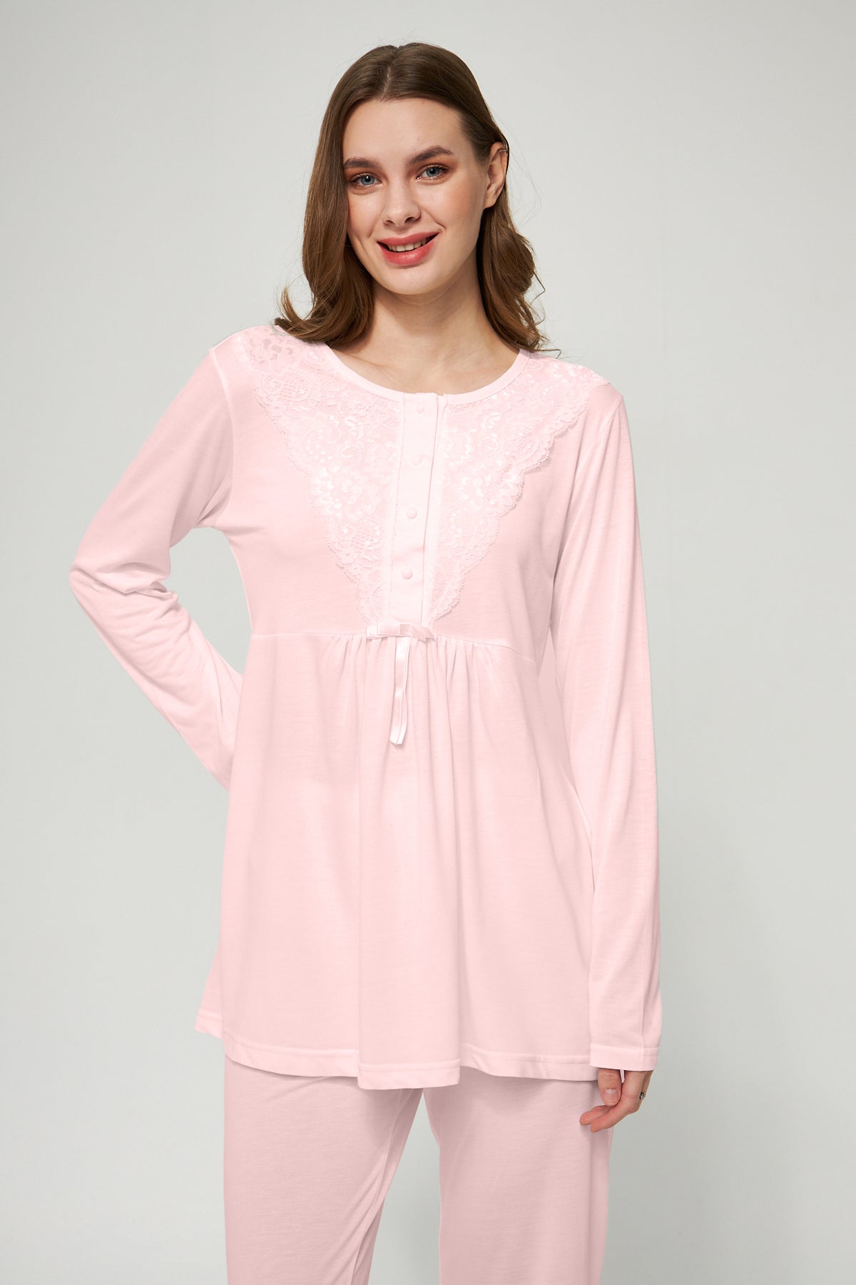 Ekru Kadın Hamile ve Lohusa Pijama Takımı 3'lü Set - Pudra