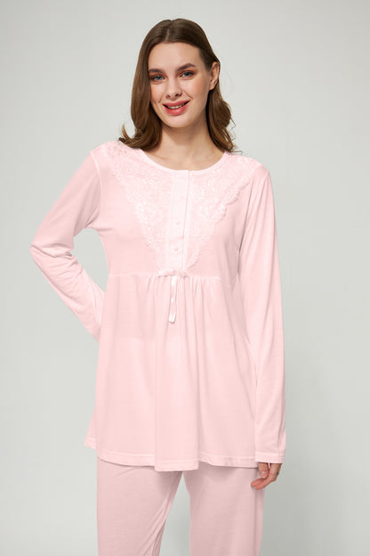 Ekru Kadın Hamile ve Lohusa Pijama Takımı 3'lü Set - Pudra