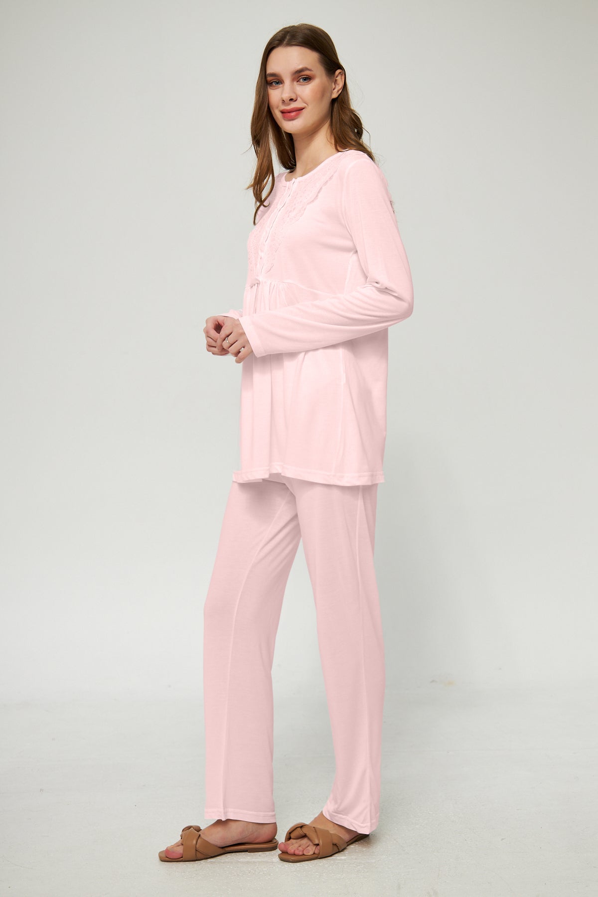 Ekru Kadın Hamile ve Lohusa Pijama Takımı 3'lü Set - Pudra