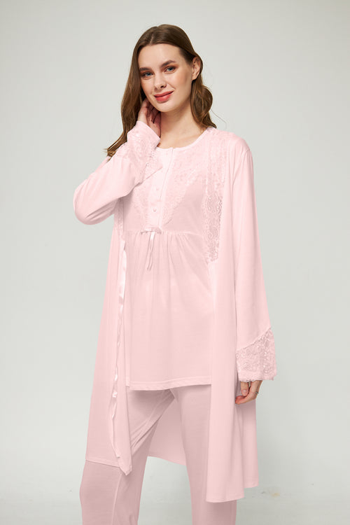 Ekru Kadın Hamile ve Lohusa Pijama Takımı 3'lü Set - Pudra