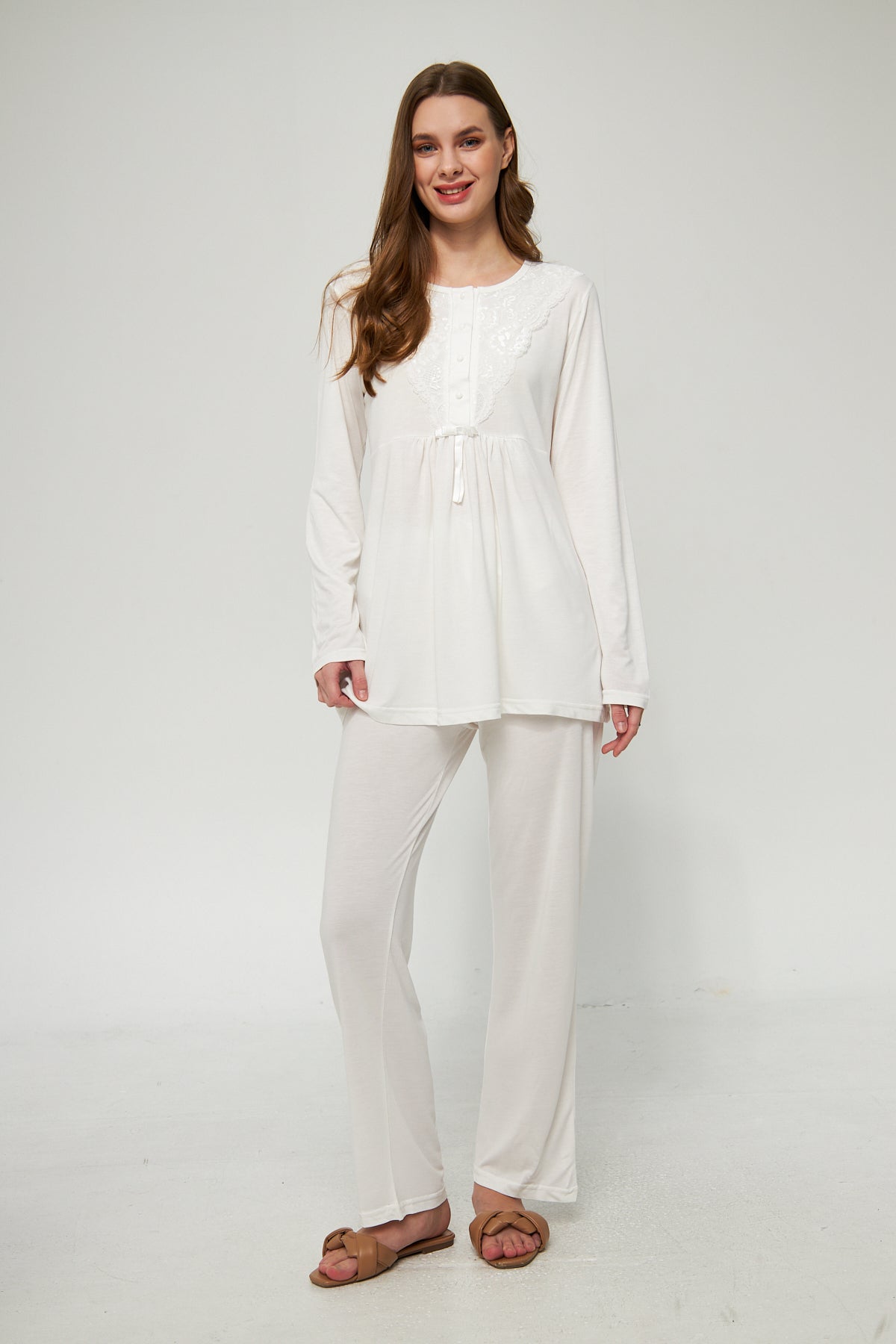 Ekru Kadın Hamile ve Lohusa Pijama Takımı 3'lü Set