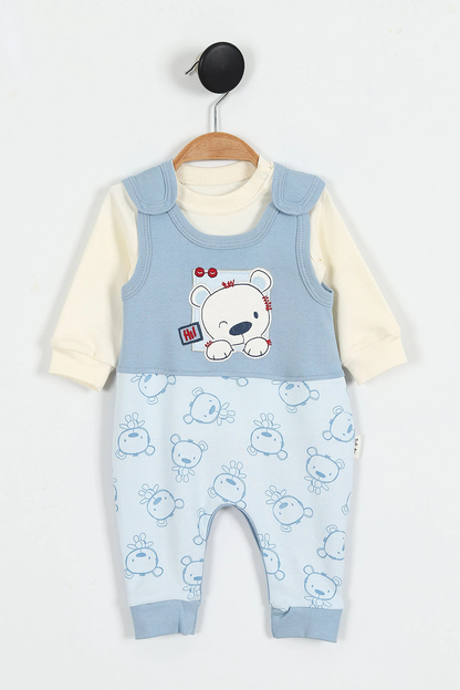 Doğal Penye Sweatshirt Salopet Ayıcık Baskılı Bebek Takımı Mevsimlik 2'li Takım - Mavi