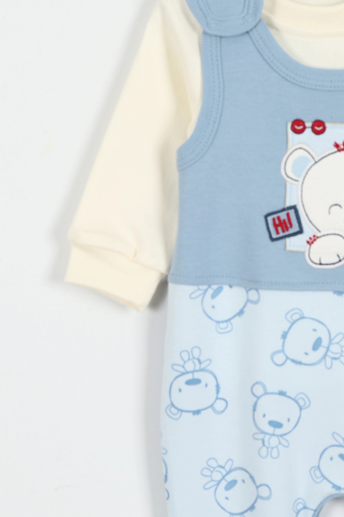 Doğal Penye Sweatshirt Salopet Ayıcık Baskılı Bebek Takımı Mevsimlik 2'li Takım - Mavi