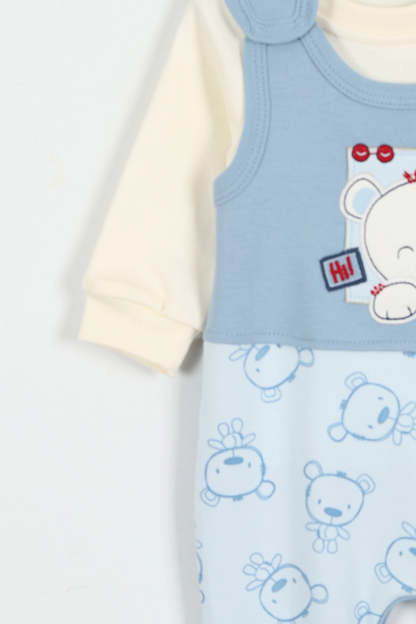 Doğal Penye Sweatshirt Salopet Ayıcık Baskılı Bebek Takımı Mevsimlik 2'li Takım - Mavi