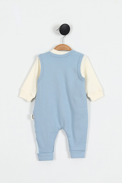 Doğal Penye Sweatshirt Salopet Ayıcık Baskılı Bebek Takımı Mevsimlik 2'li Takım - Mavi