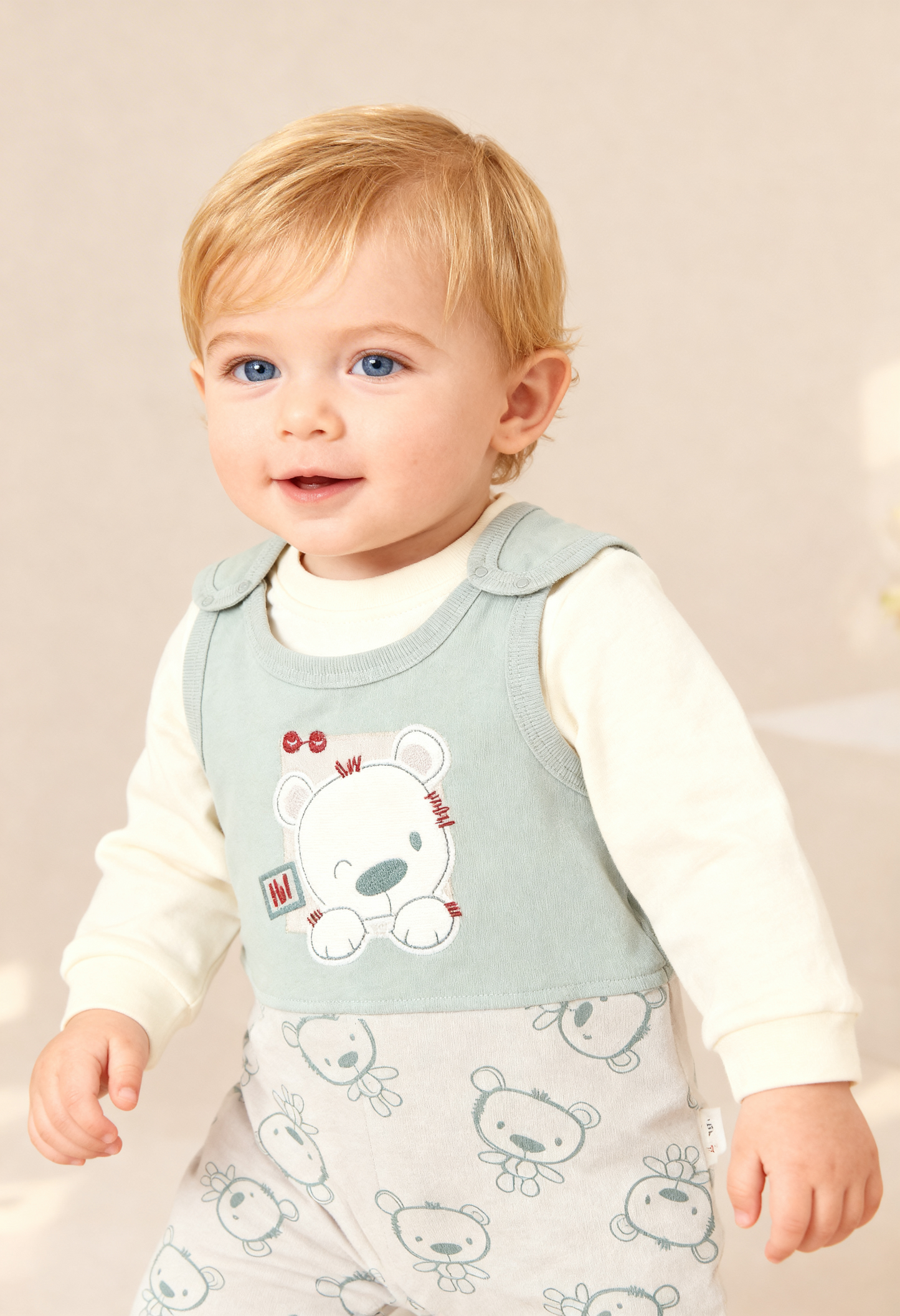 Doğal Penye Sweatshirt Salopet Ayıcık Baskılı Bebek Takımı Mevsimlik 2'li Takım - Su Yeşili