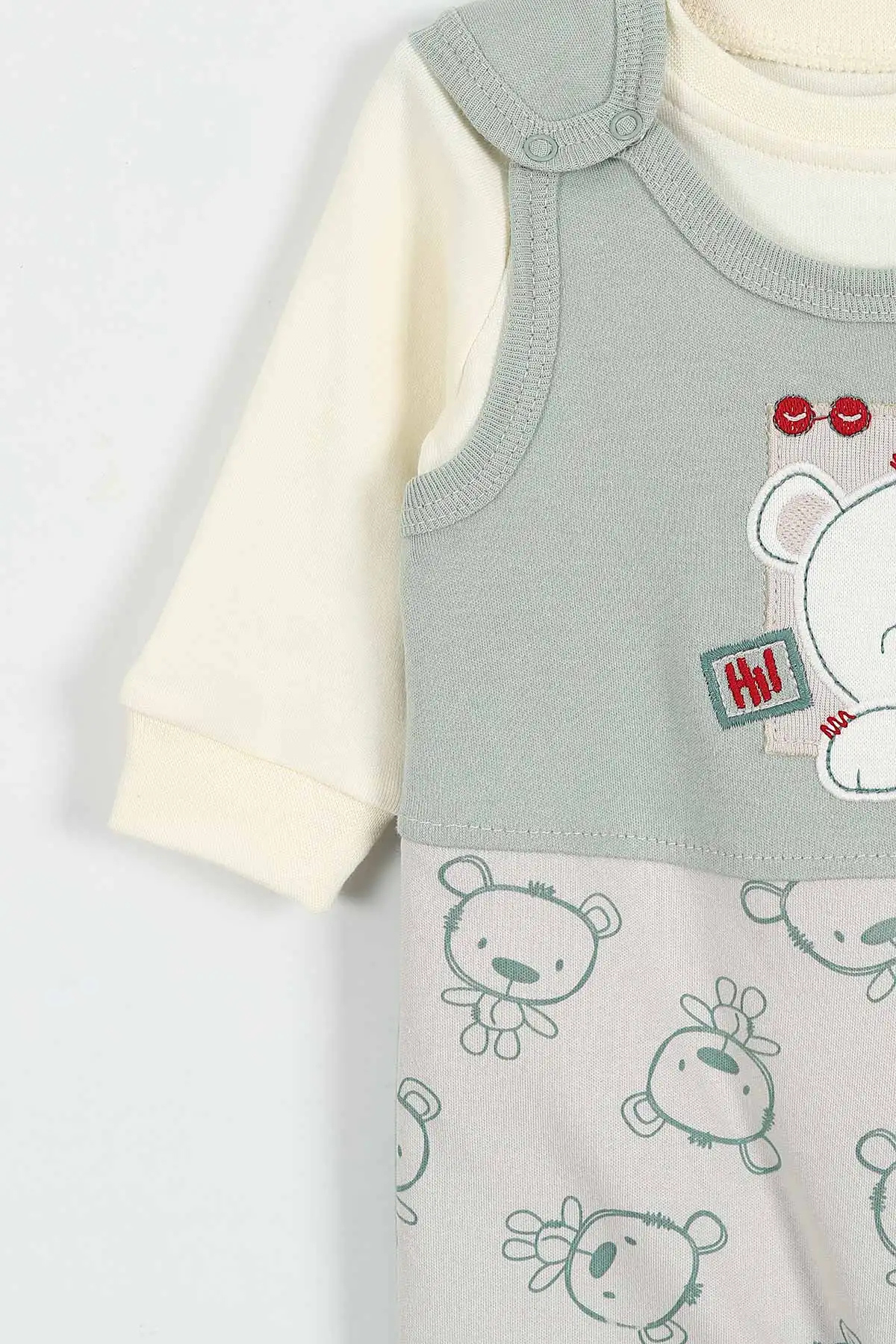 Doğal Penye Sweatshirt Salopet Ayıcık Baskılı Bebek Takımı Mevsimlik 2'li Takım - Su Yeşili