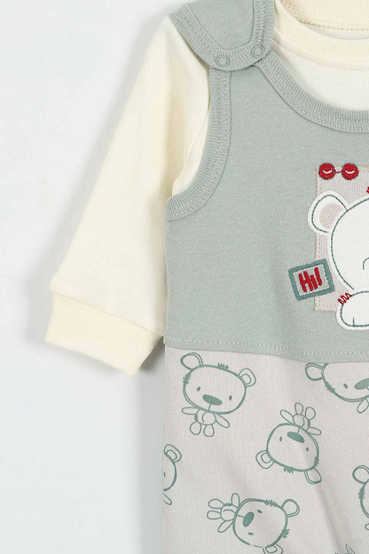 Doğal Penye Sweatshirt Salopet Ayıcık Baskılı Bebek Takımı Mevsimlik 2'li Takım - Su Yeşili