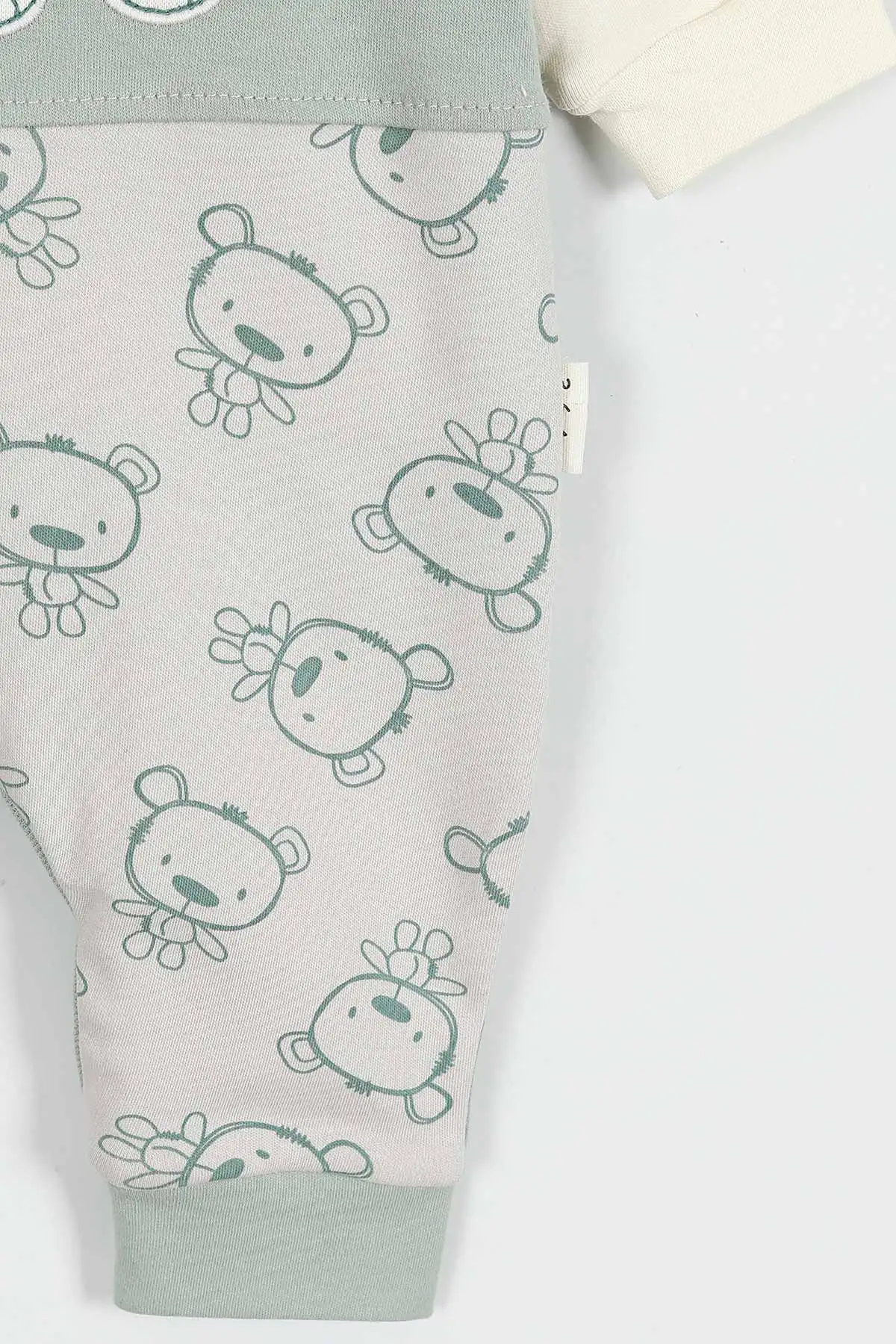 Doğal Penye Sweatshirt Salopet Ayıcık Baskılı Bebek Takımı Mevsimlik 2'li Takım - Su Yeşili