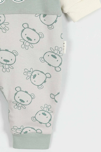 Doğal Penye Sweatshirt Salopet Ayıcık Baskılı Bebek Takımı Mevsimlik 2'li Takım - Su Yeşili