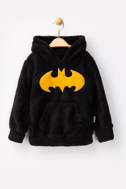 Welsoft Siyah Batman Desenli Kapşonlu Yumuşak Peluş Fermuarlı Alt - Üst Çocuk Takımı