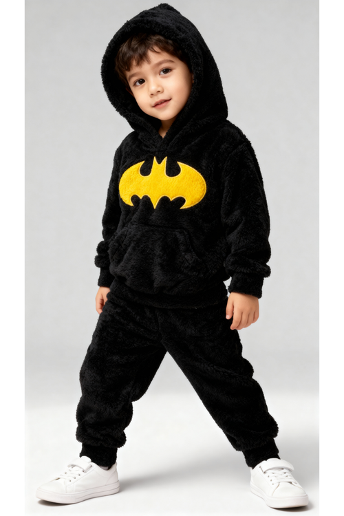 Welsoft Siyah Batman Desenli Kapşonlu Yumuşak Peluş Fermuarlı Alt - Üst Çocuk Takımı