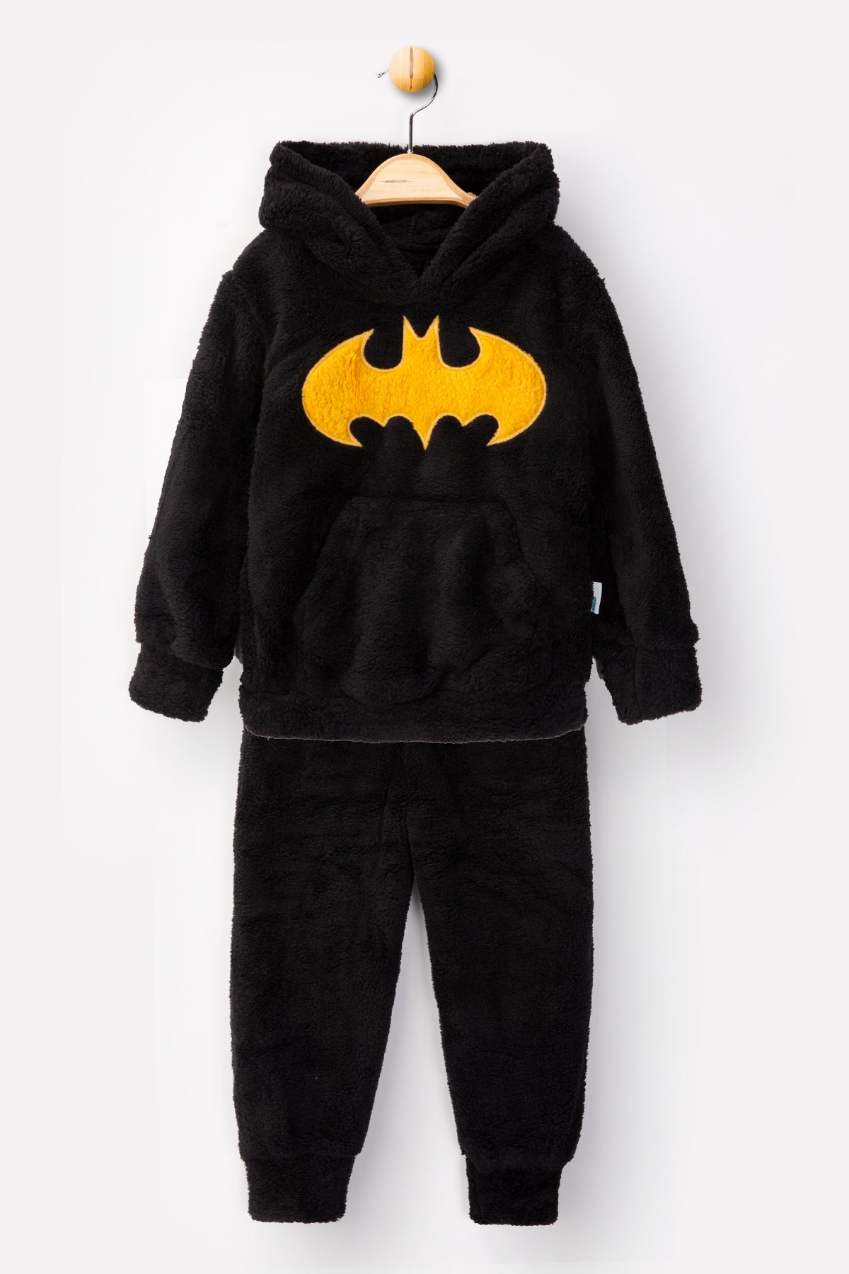Welsoft Siyah Batman Desenli Kapşonlu Yumuşak Peluş Fermuarlı Alt - Üst Çocuk Takımı