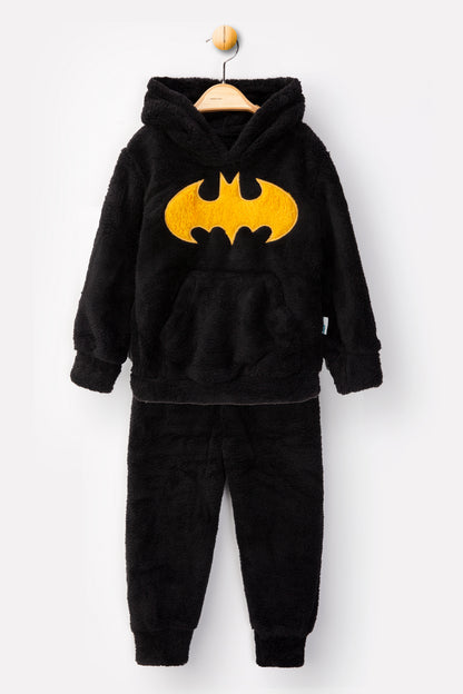 Welsoft Siyah Batman Desenli Kapşonlu Yumuşak Peluş Fermuarlı Alt - Üst Çocuk Takımı